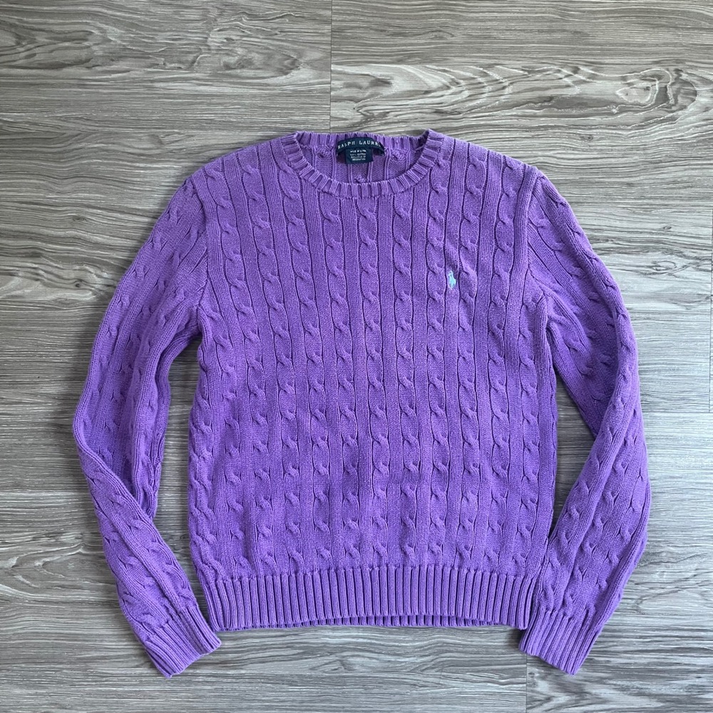 Ralph Lauren Mens Purple Cable Knit Cotton Crewneck Sweater Pony Logo 461